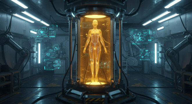 Cryogenic Chamber Futuristic Humanoid in Suspended Animation