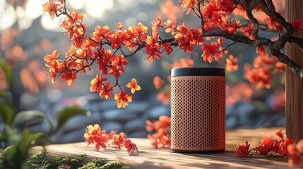 Electronic device amidst vibrant red blossoms
