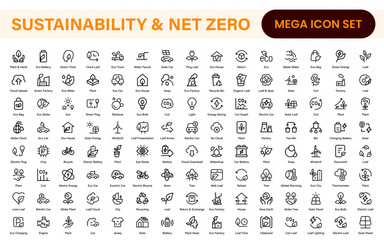 Set of sustainability and Net Zero, environmental, ecological, recyling, green, organic, industry thin line icons. Linear ecology simple symbol collection.