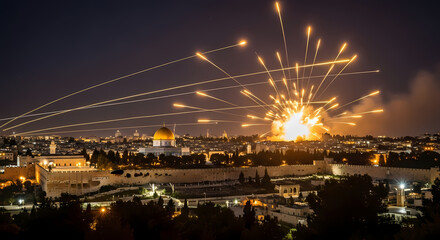 Fototapeta premium Long exposure photograph: Jerusalem's Old City skyline (Dome of the Rock, walls). The serene scene is violently overwritten by streaks of light (interceptors) and blooming spheres of fire 