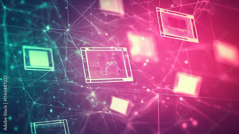 Poster abstract digital network background with glowing nodes, representing data transfer