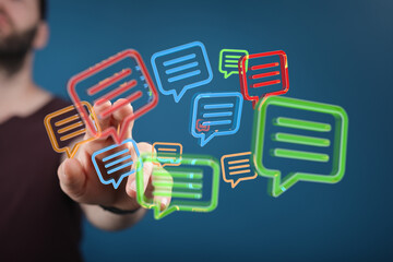 Hand interacting with digital chat icons. Communication, social media, online messaging concept.