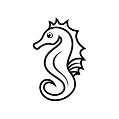 Simple black and white line art illustration of a happy seahorse