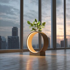 Modern wooden ring vase with plant