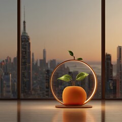 Orange orb lamp with cityscape view