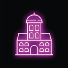 Glowing purple neon sign depicting a building with a tower and arched windows