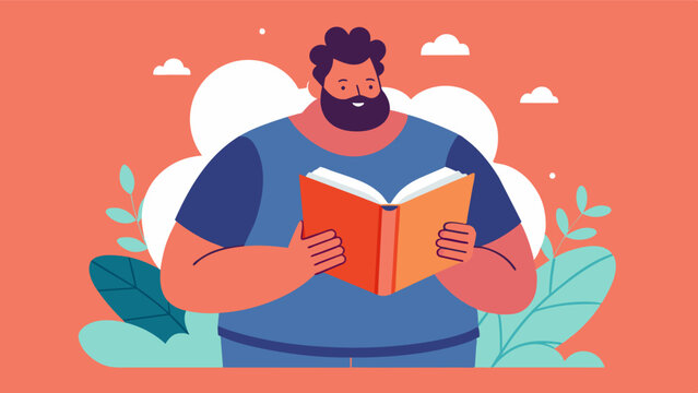 A man reading a book that challenges societal standards of beauty and encourages readers to celebrate their unique bodies.. Vector illustration