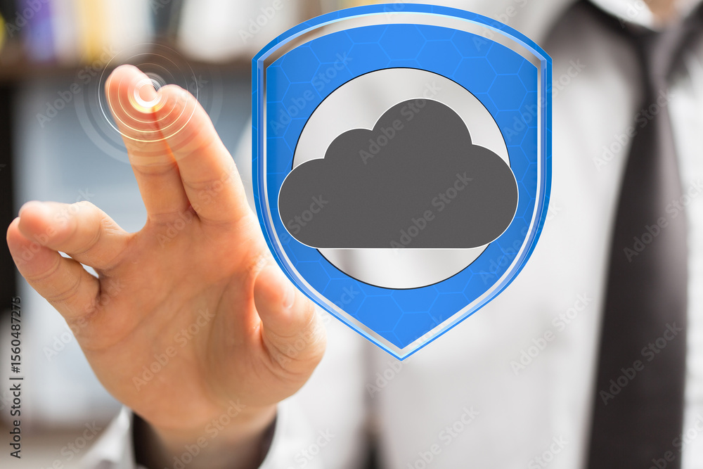 Aufkleber Image of a hand interacting with a digital shield protecting cloud data.  Illustrates cybersecurity and data protection.