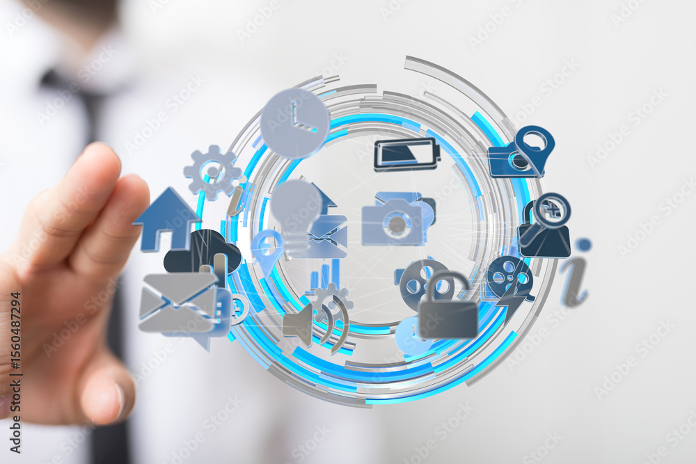 Poster abstract image of interconnected digital icons representing technology, network, data, and communica