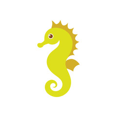 Fototapeta premium Cute cartoon yellow seahorse with a curled tail and spiky mane