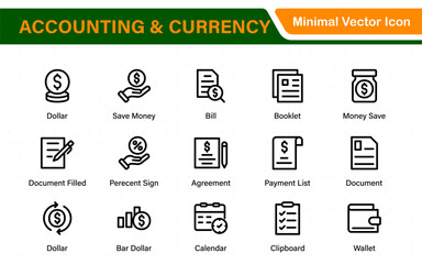 Set of line icons related to accounting, audit, and taxes. Outline icon collection. Business symbols.Income set. Containing money, tax, earnings, payment, paycheck, work, pension, and wages icons.