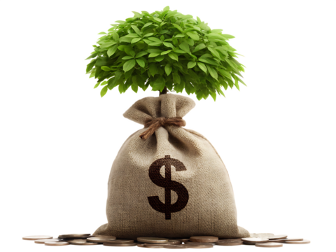  money bag with dollar sign and money tree growing  isolated on white background PNG ,AI GENERATED