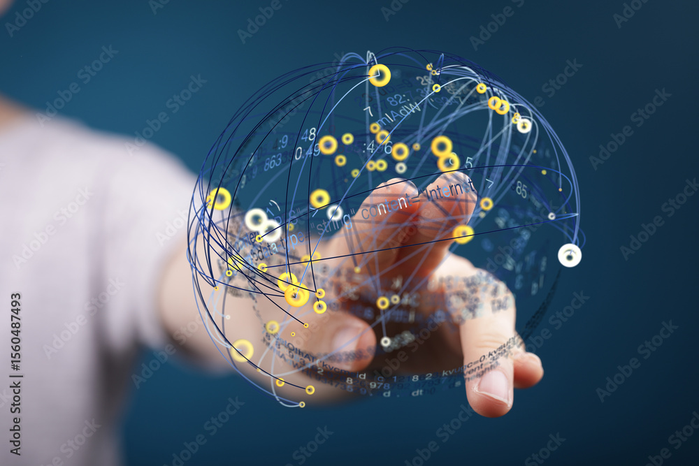 Aufkleber Abstract image of a hand interacting with a digital sphere representing global data connections and network visualization.