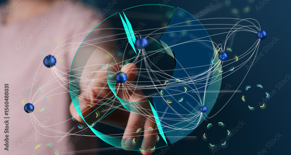 Aufkleber Abstract image of a person interacting with a digital network visualization. Ideal for technology, data, and connectivity concepts.