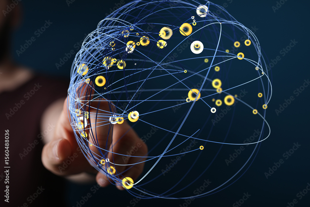 Aufkleber abstract image depicting a hand interacting with a digital sphere representing global network connec