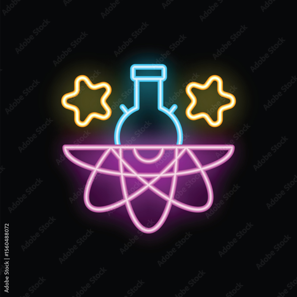 Poster neon sign illuminating a chemistry experiment with an atom and a flask, symbolizing scientific excel