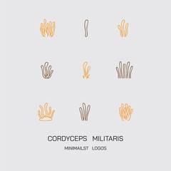 Cordyceps Militaris Minimalist Logo Set – Modern Fungal Line Icons in Brown and Orange