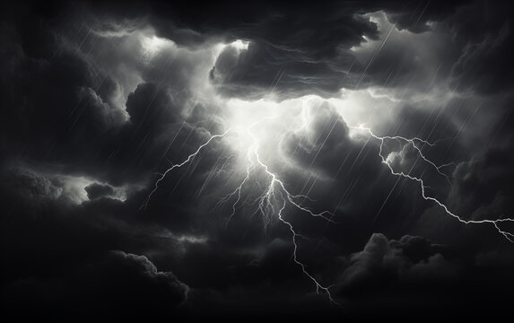 Dramatic storm clouds with lightning strikes illuminate the dark sky above