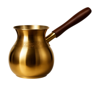 A large brass cezve with a decorative pattern, ideal for preparing multiple servings of coffee in a family household.