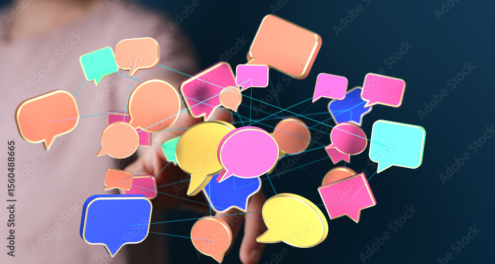 Poster Abstract image of colorful speech bubbles interconnected, symbolizing global communication and networking.