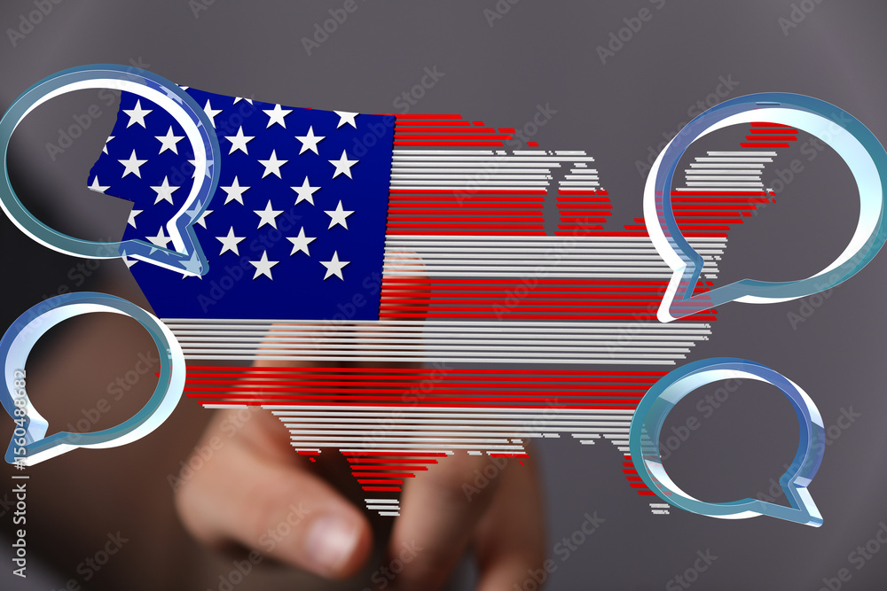 Poster digital illustration of a us map with chat bubbles, representing communication and connection.