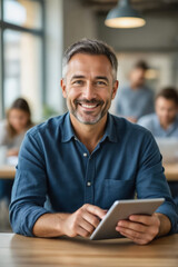 A smiling middle-aged man in a blue shirt holds a tablet while seated in a modern office setting.