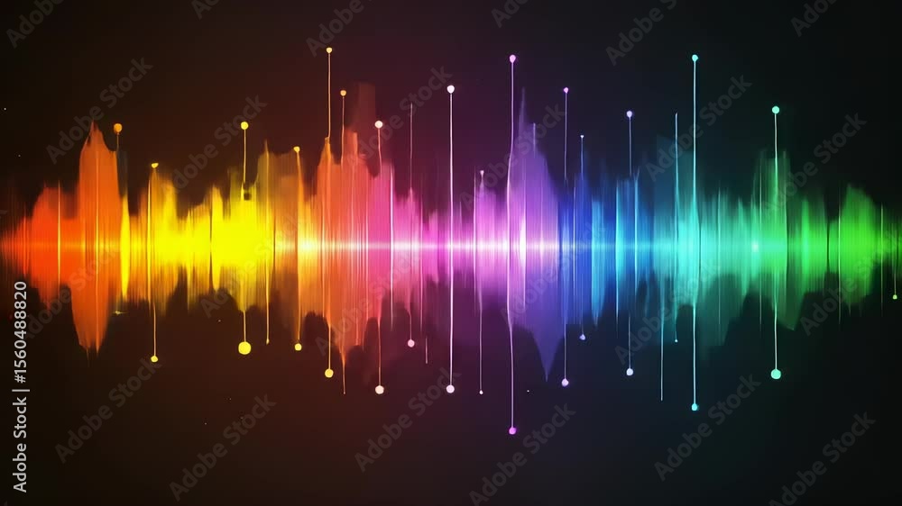 Poster abstract visualization of sound waves with colorful light effects on dark background