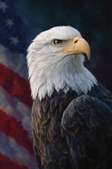 Fototapeta premium Majestic eagle portrait against american flag