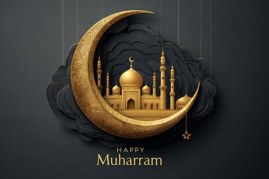 Golden mosque in crescent celebrating muharram - Powered by Adobe