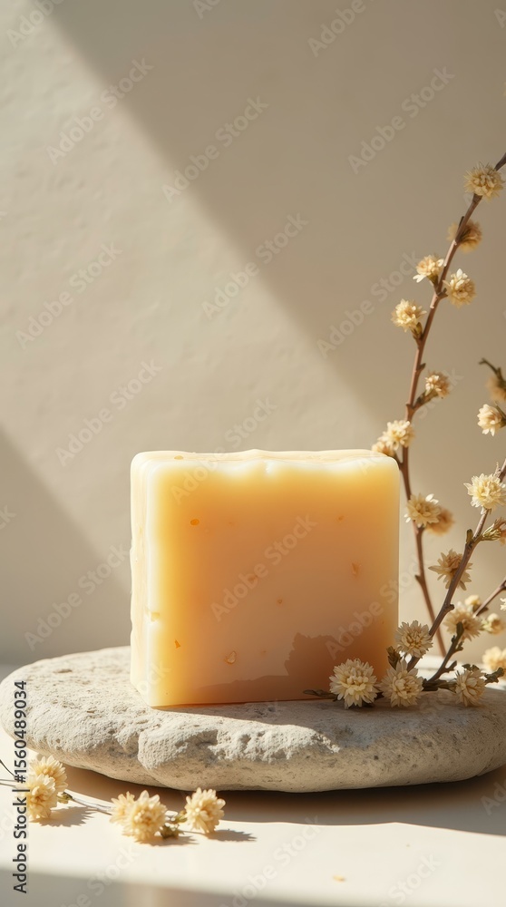 Poster minimal clean soap scene with florals — vertical soft light image for spa, blog and ecommerce visual
