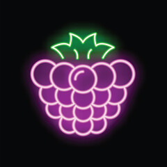 Neon sign showing a glowing purple raspberry on a black background