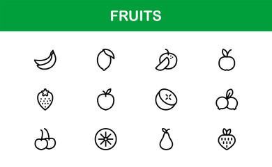 Fruits Line Icon Pack, Modern Collection. Fresh fruit line icon pack featuring modern, minimal, and professional outline symbols of popular fruits in a clean vector design style.