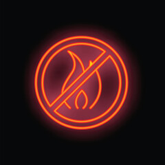 Neon no fire sign glowing, a bright illustration of a crossed out flame on a dark background