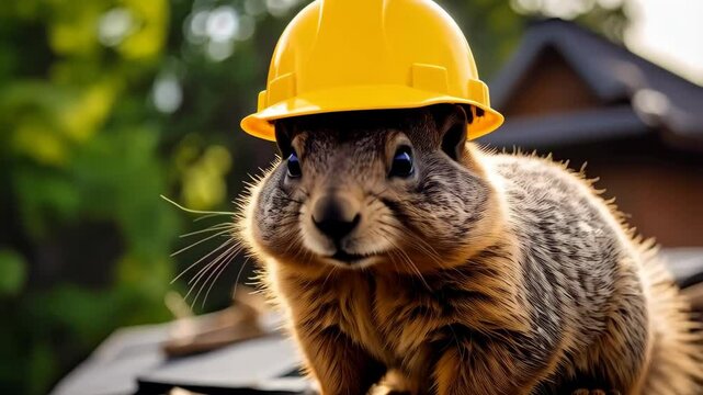 Adorable groundhog wearing a yellow hard hat sitting on a roof, looking directly at the camera with playful expression, sunny day