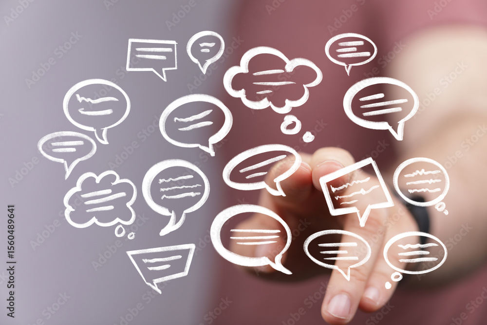 Poster Abstract image of hand interacting with speech bubbles, symbolizing communication, dialogue, and connection.