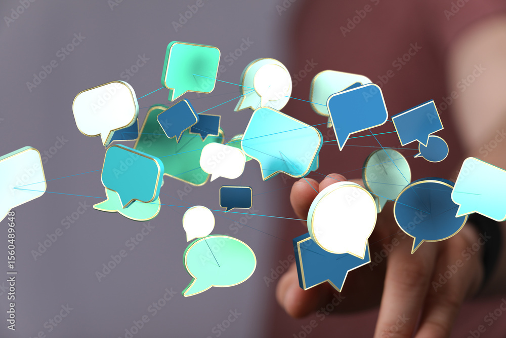 Poster Abstract image of interconnected speech bubbles, symbolizing global communication and networking.
