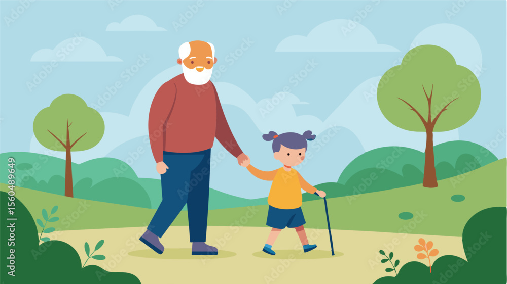 Aufkleber a grandparent taking a walk in the park with their grandchild but needing constant reminders and gui