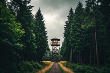 Scenic Forest Path Leading to Observation Tower in a Green Wilderness