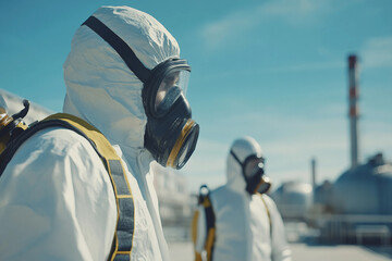 Generative AI image of nuclear power plant worker in hazmat suit with full face respirator mask