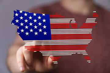 Patriotic digital art of the US map designed with American flag colors. Perfect for 4th of July.