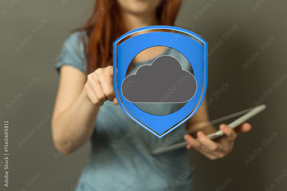 Poster image of a woman protecting cloud data with a digital shield. cloud security, data privacy.
