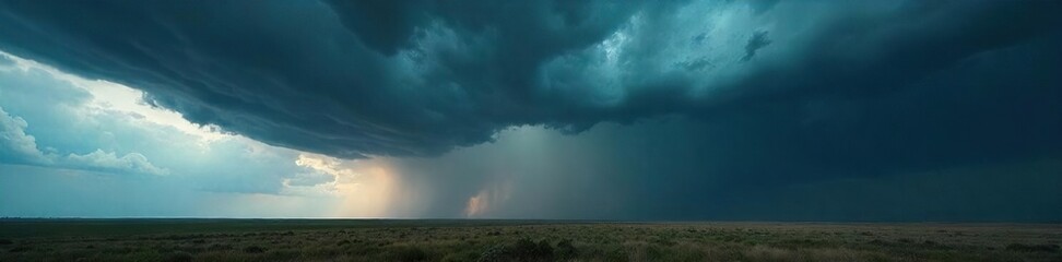 Naklejka premium Ominous Storm Clouds Brewing Over Vast Landscape, Dramatic Dark Sky, Apocalyptic Weather Scene