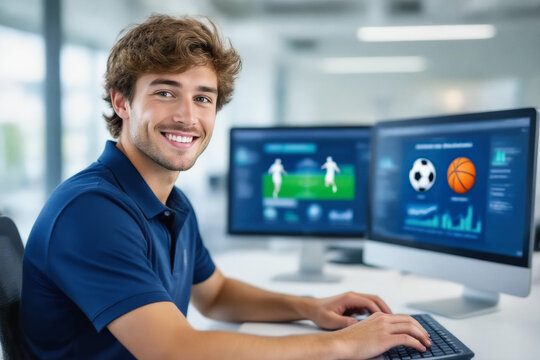 A smiling young man with curly hair sits at a desk, typing on a keyboard while looking at two computer monitors displaying sports graphics.