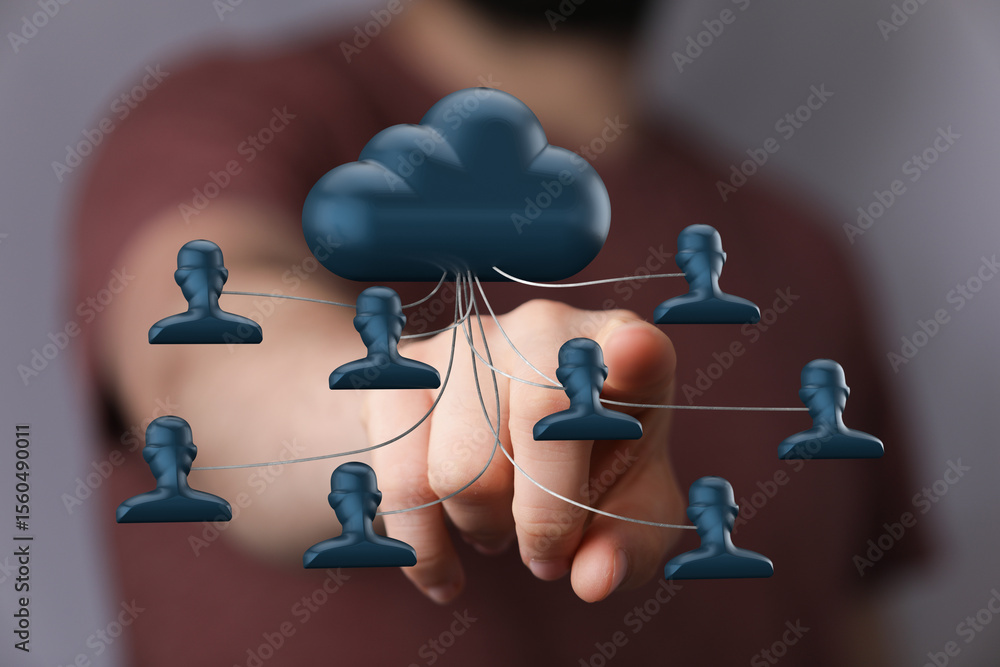 Poster Image depicts secure cloud data sharing.  Ideal for technology, networking, and collaboration concepts.