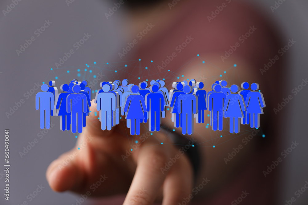 Poster image of a hand interacting with a digital network of people, symbolizing global connection and comm