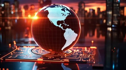 A digital globe rests on a glowing circuit board, set against a cityscape at twilight.  A futuristic, technological representation of global connectivity - Powered by Adobe