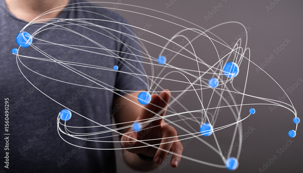 Poster Abstract image of a person interacting with a complex network of digital nodes, representing global connectivity and data flow.