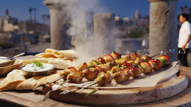 Greek souvlaki, skewered grilled meat with vegetables, served with pita and tzatziki sauce, outdoor Mediterranean market setting with golden  light

