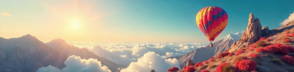 Naklejka premium Hot Air Balloon Adventure Soaring Over a Surreal Landscape of Limitless Freedom and Whimsical Wonder, Inspiring Dreams of Escape and High-Altitude Exploration