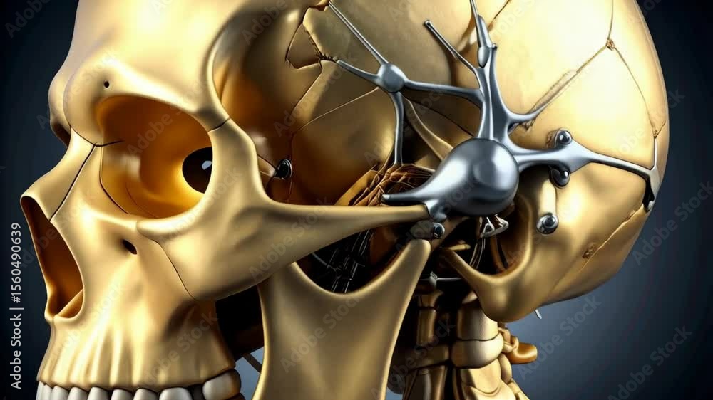 Poster golden human skull anatomical model featuring a silver artificial neuron structure. conceptual illus